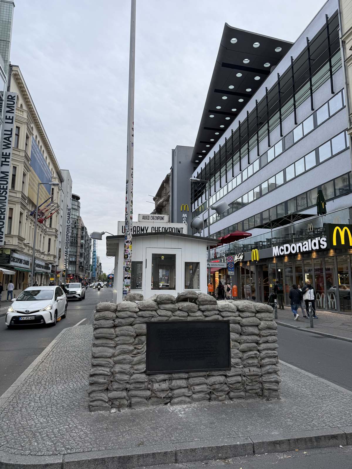 The rebuilt guard house and sandbags at Checkpoint Charlie