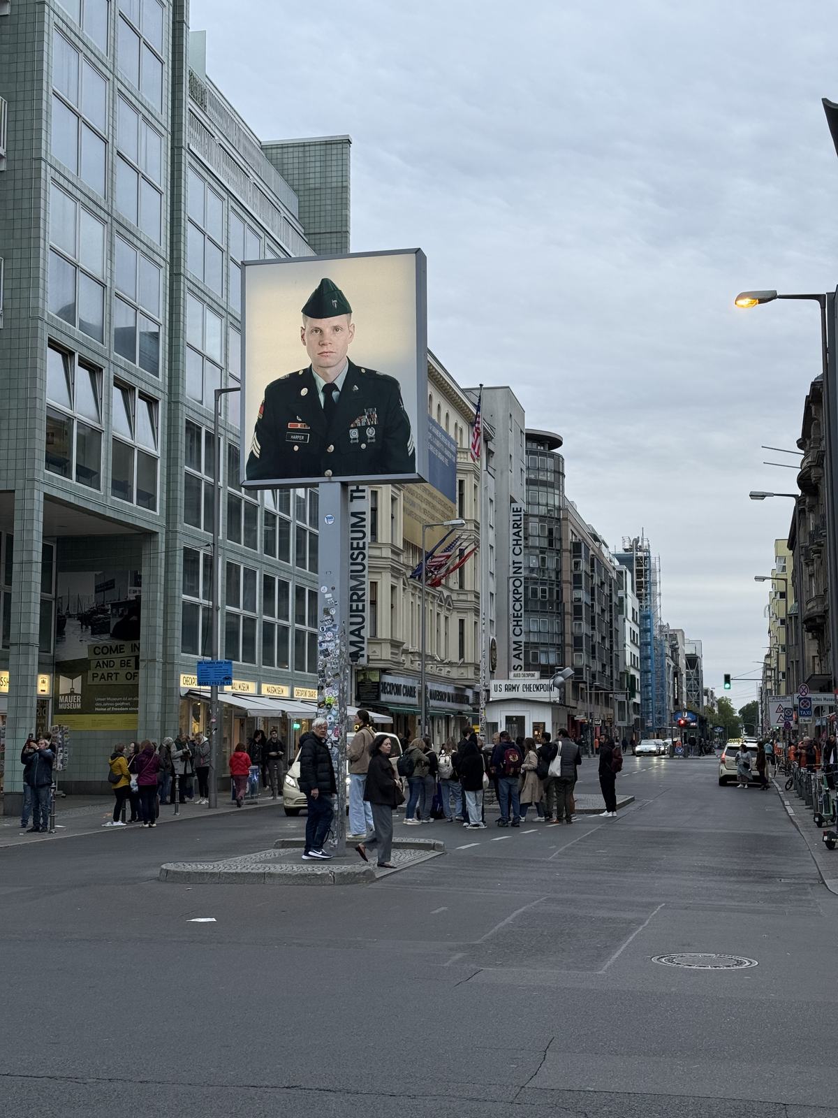 Friedrichstrasse at Checkpoint Charlie with the soldier portrait