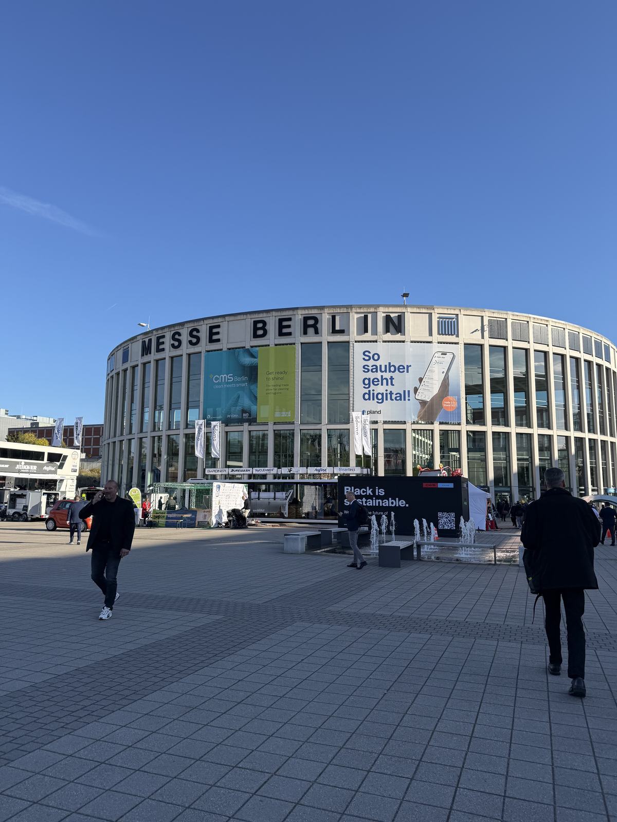 The Messe Berlin exhibition grounds with attendees walking towards the entrance