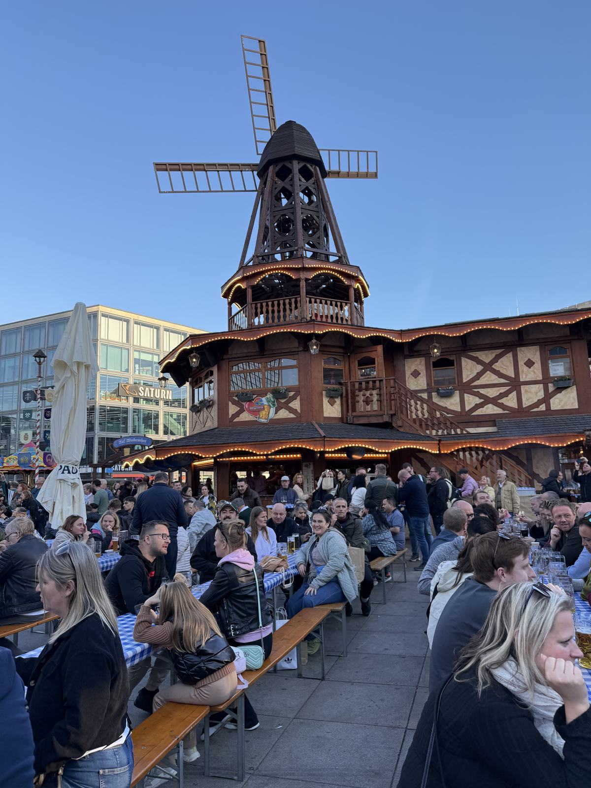 Crowded benches at the Oktoberfest
