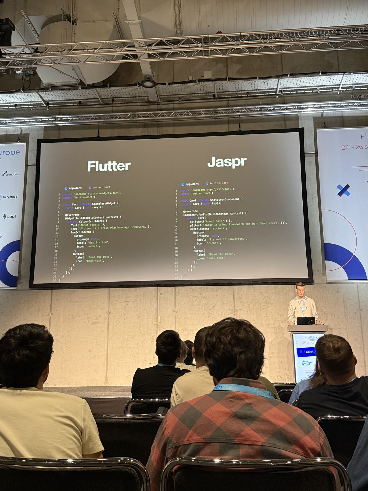 Slide comparing Flutter and Jaspr code side by side