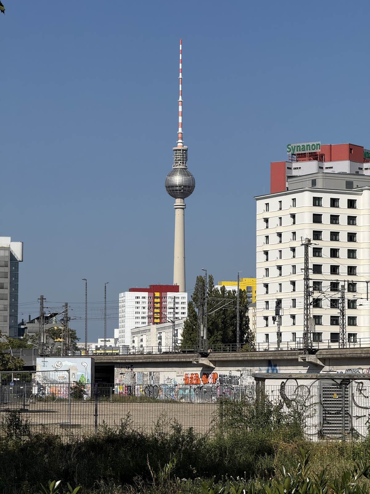 The TV tower seen over open ground behind the wall