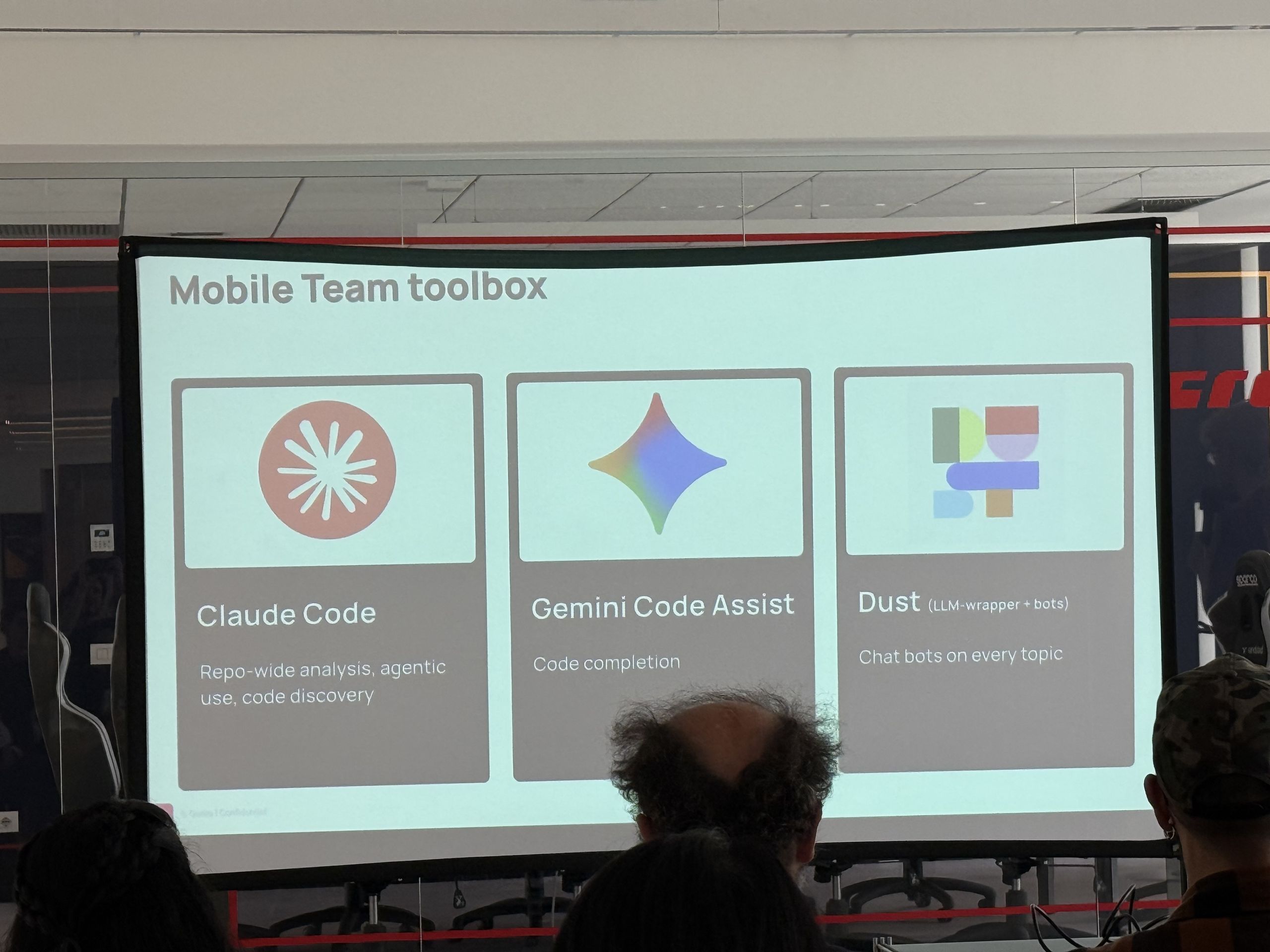 The Mobile Team toolbox slide with Claude Code, Gemini Code Assist and Dust