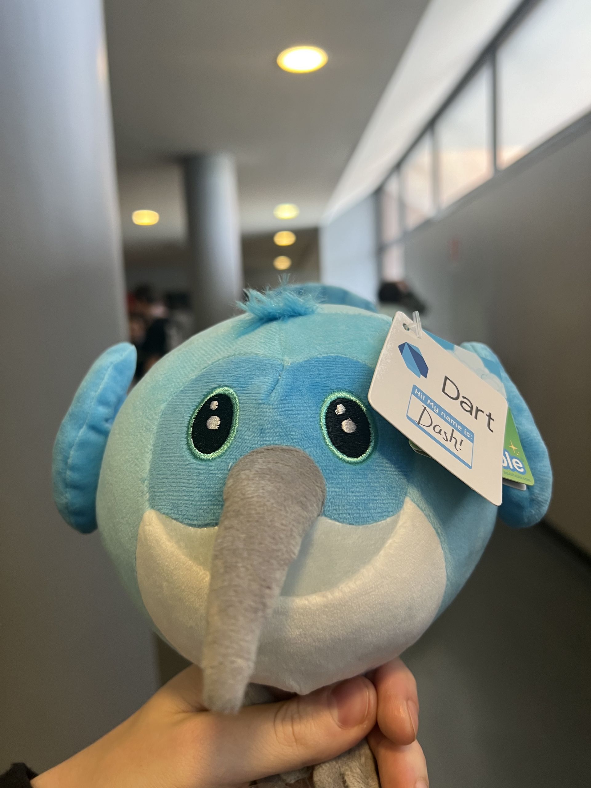 A plush Dash held up in front of the museum windows