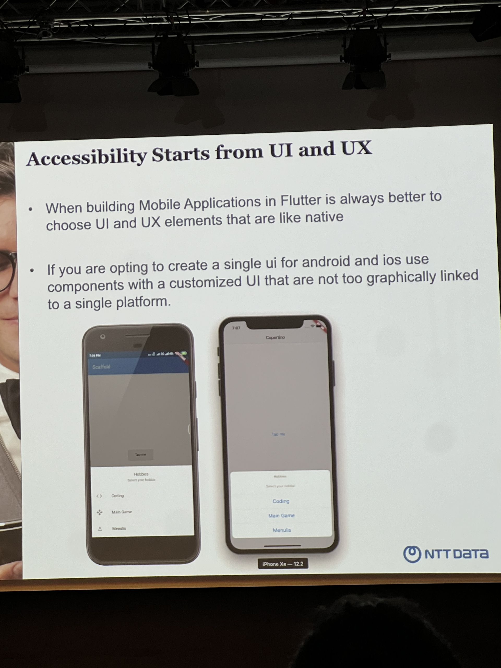 Slide reading Accessibility Starts from UI and UX with an Android and an iOS screenshot