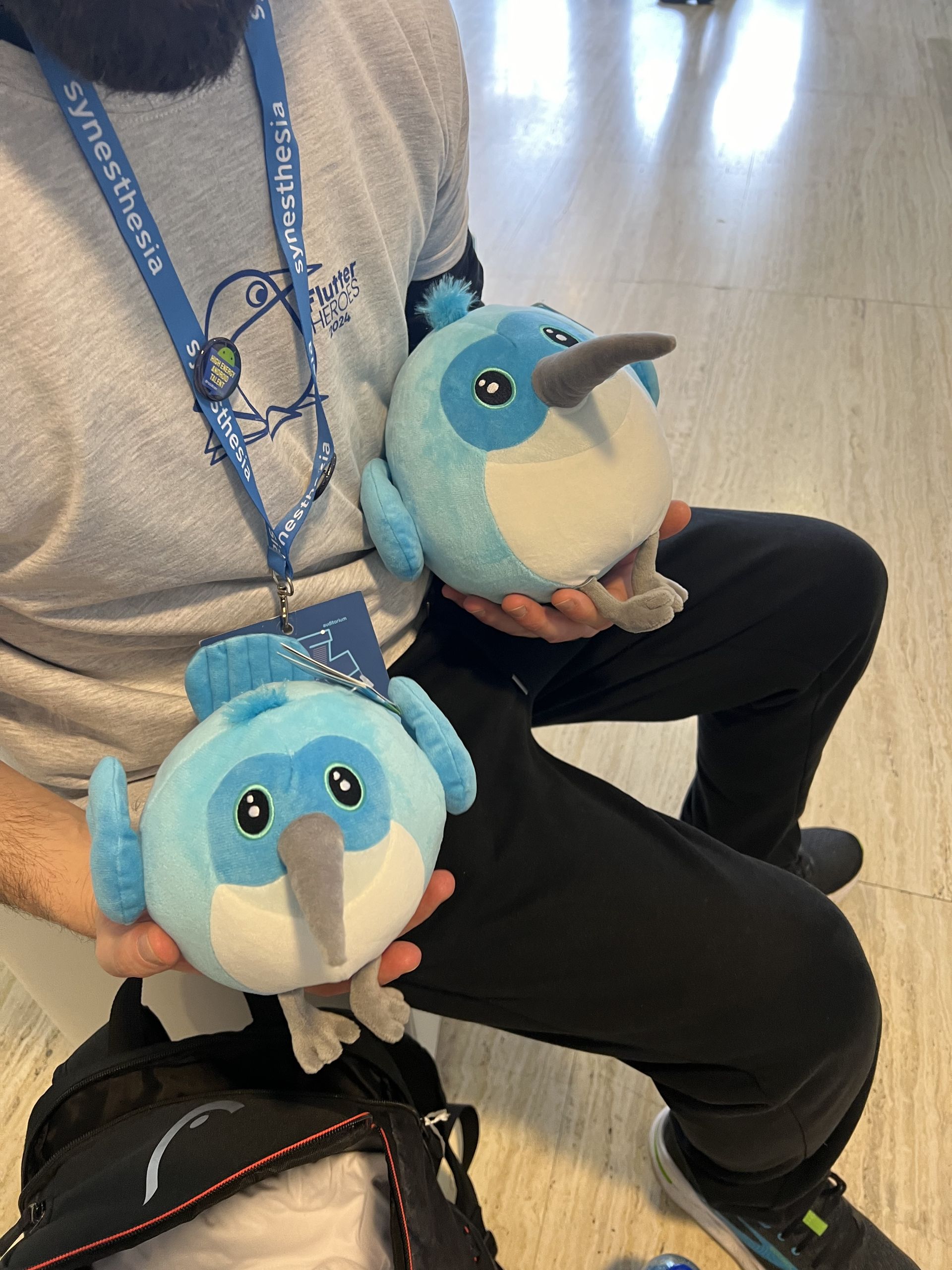 Two Dash plushes held up together