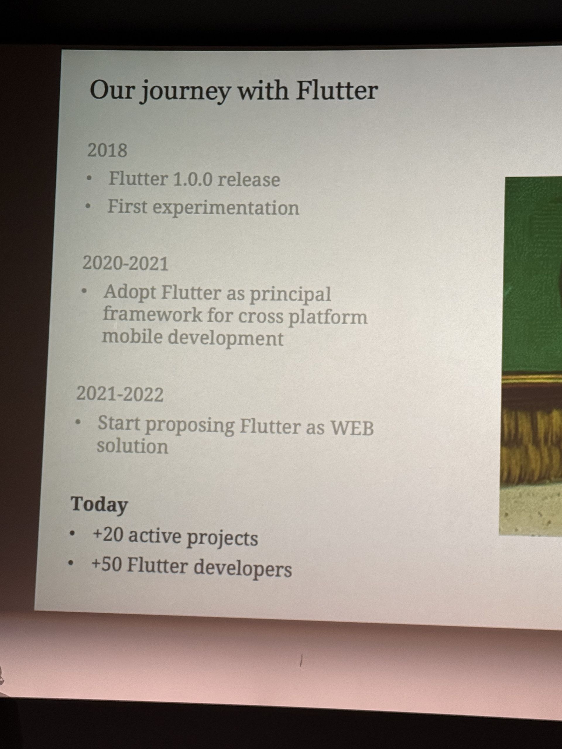A slide titled Our journey with Flutter listing milestones from 2018 to today