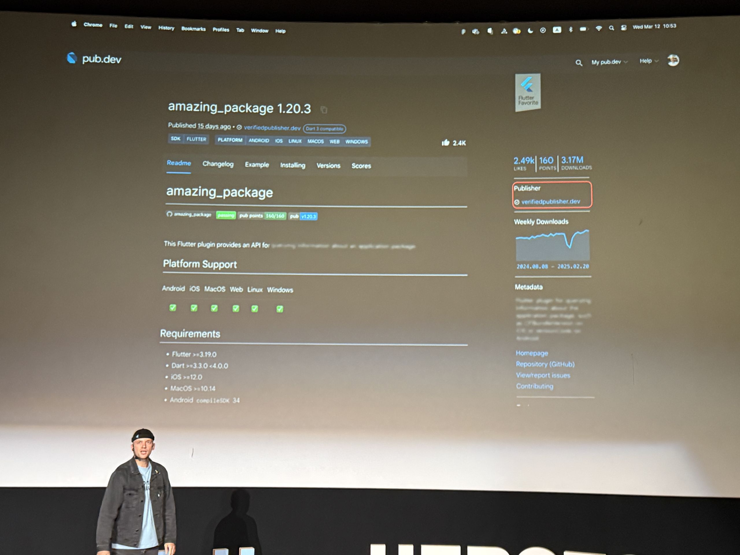 A pub.dev package page projected on the cinema screen with the verified publisher highlighted