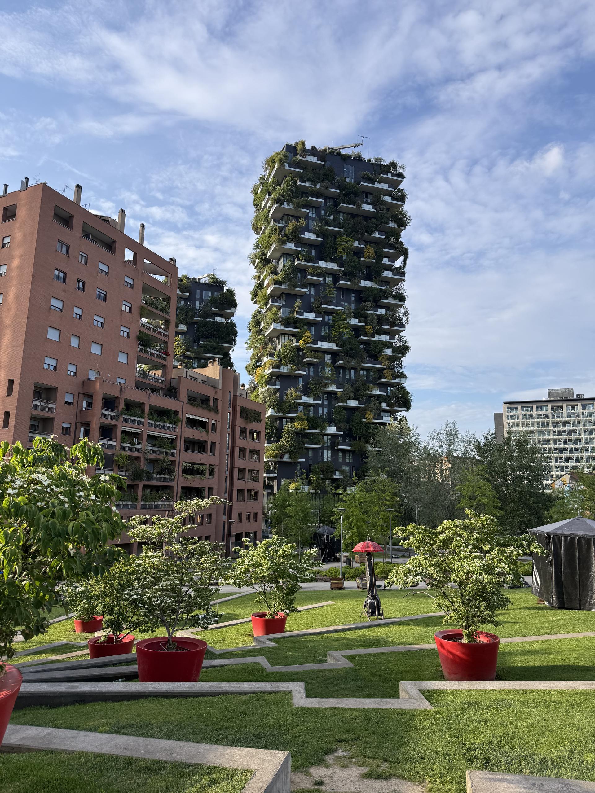 The Bosco Verticale towers seen from the park in Porta Nuova, Milano