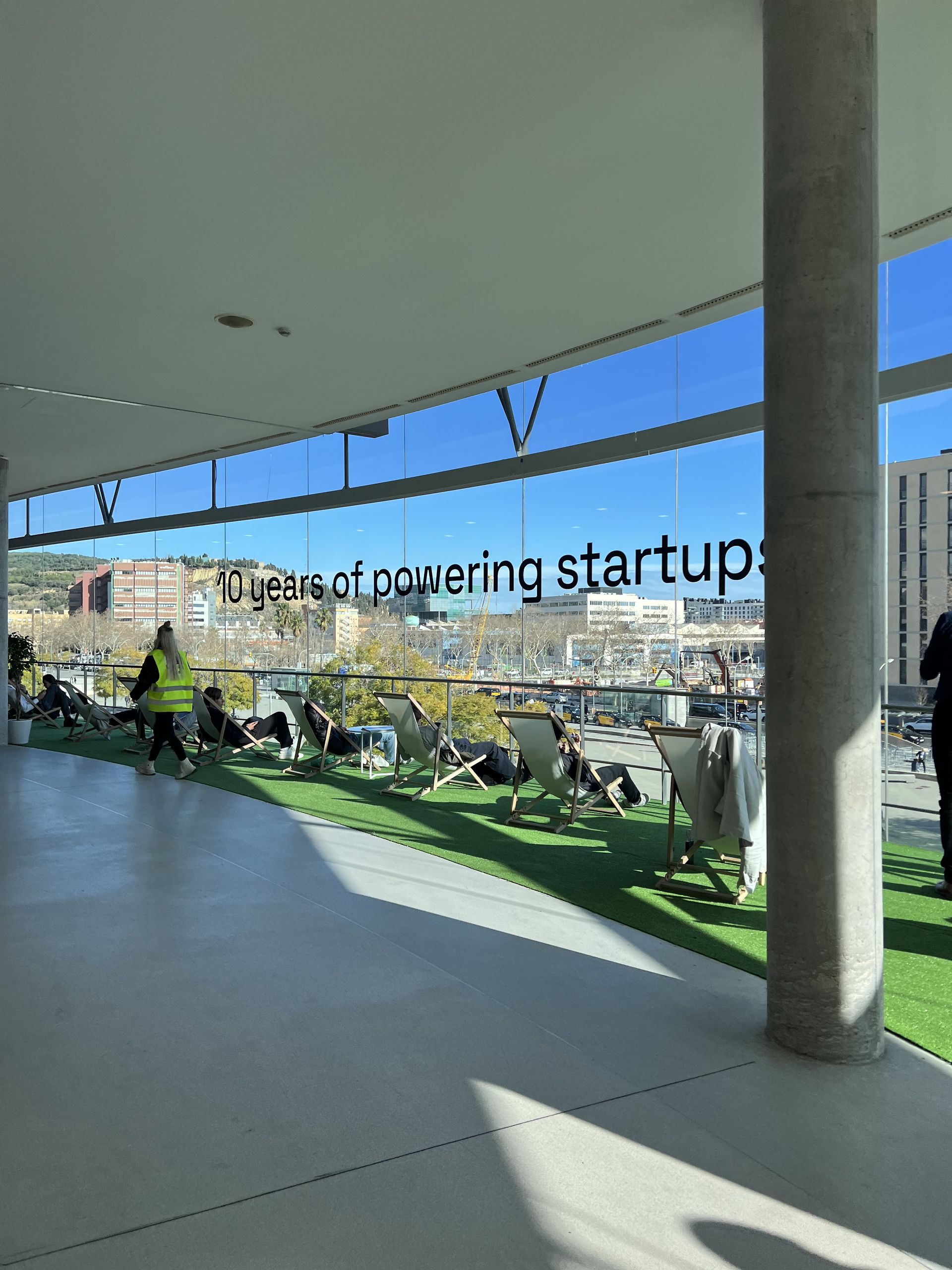 The 4YFN terrace with deck chairs and a 10 years of powering startups banner