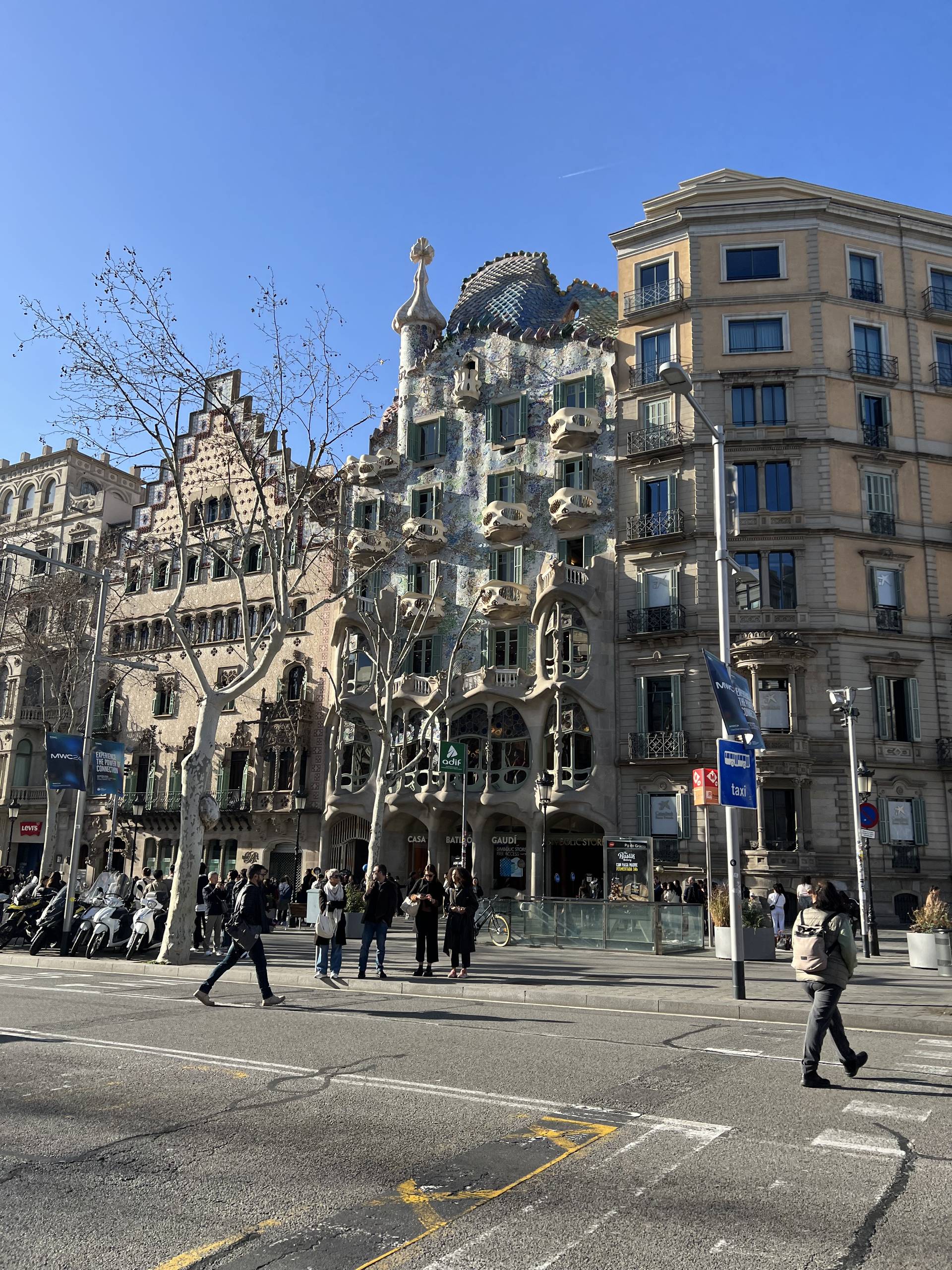 Casa Batlló seen from across Passeig de Gràcia in daylight