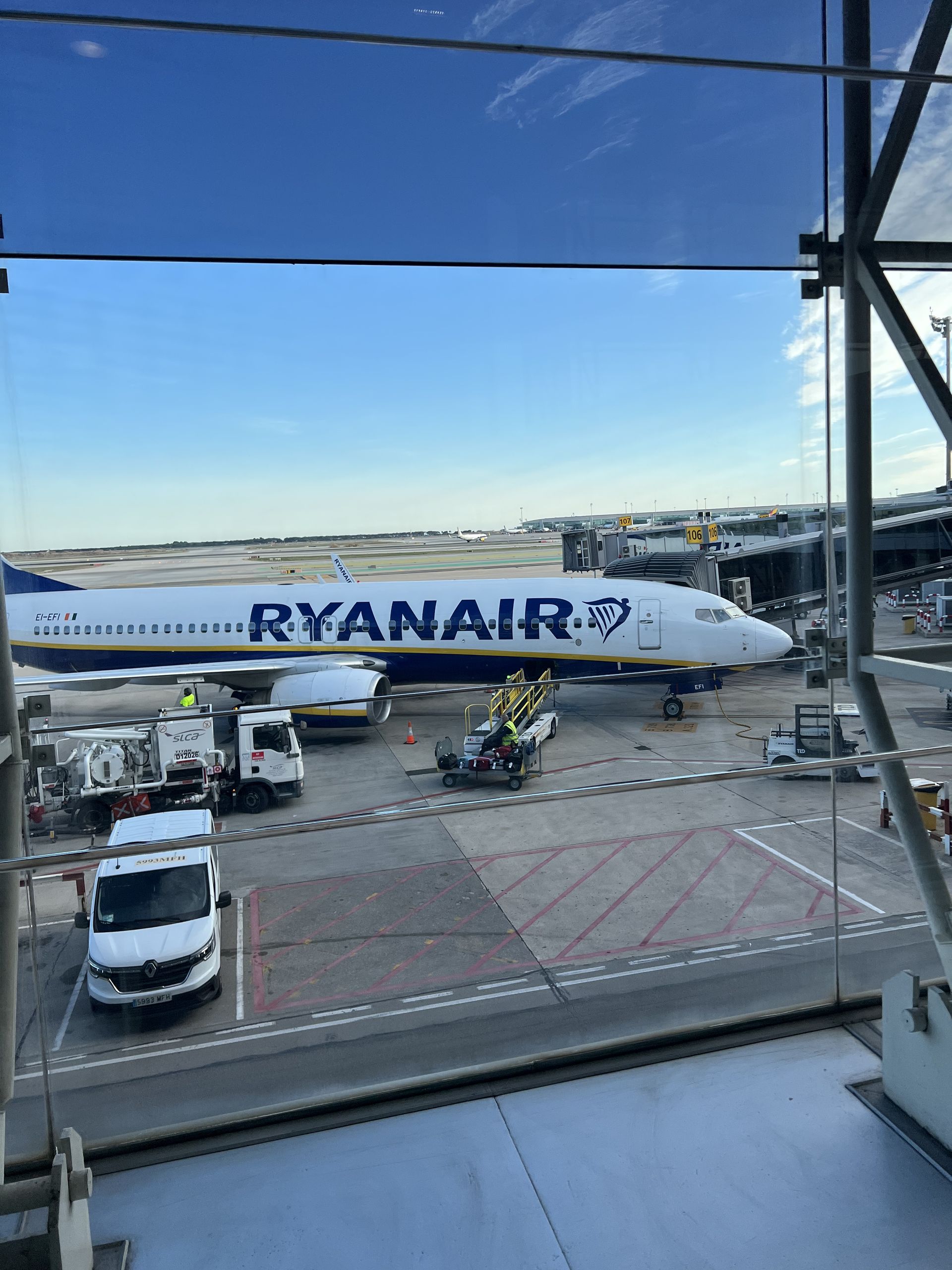 The aircraft at the gate at Barcelona El Prat airport