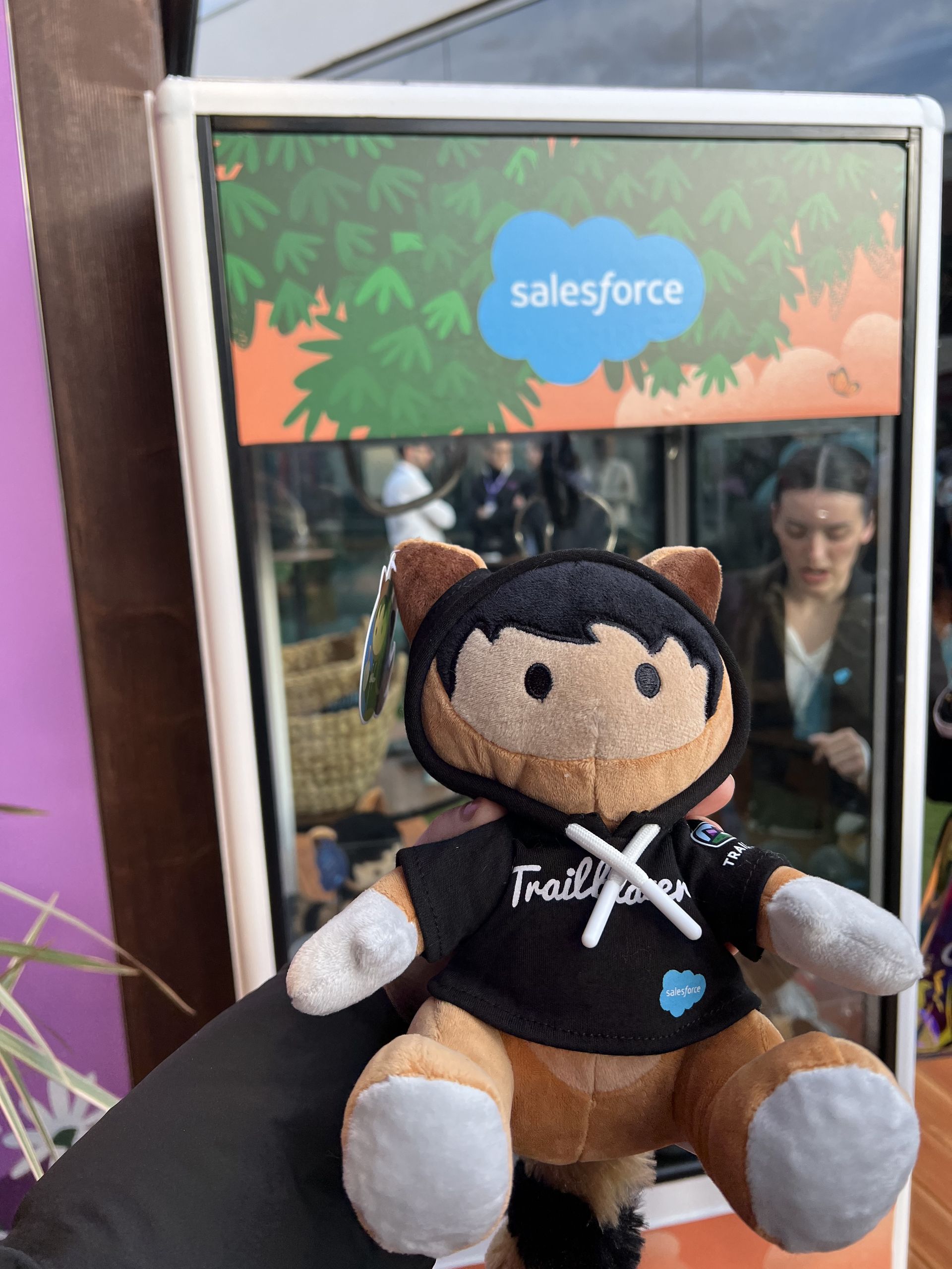 A Salesforce plush mascot in a Trailblazer hoodie