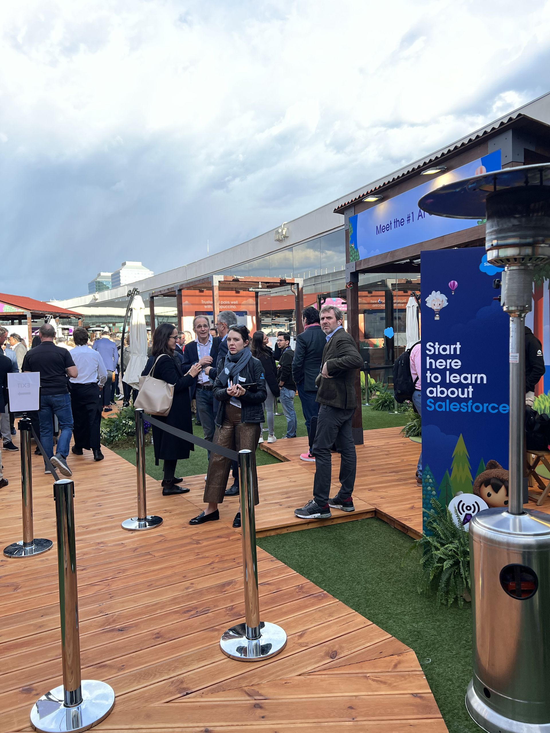 The entrance to the Salesforce village with the welcome signs