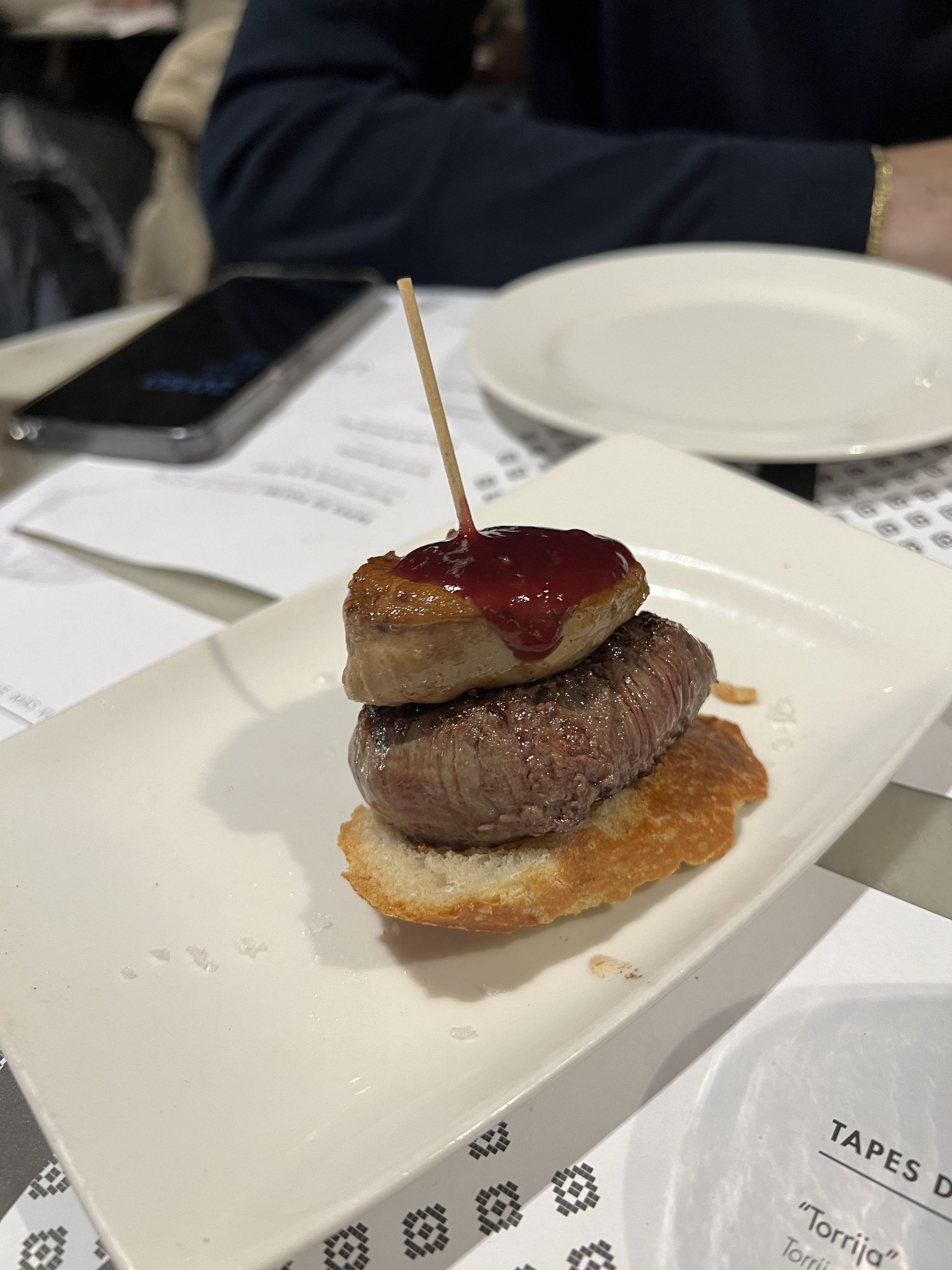 A montadito of beef and foie on toasted bread