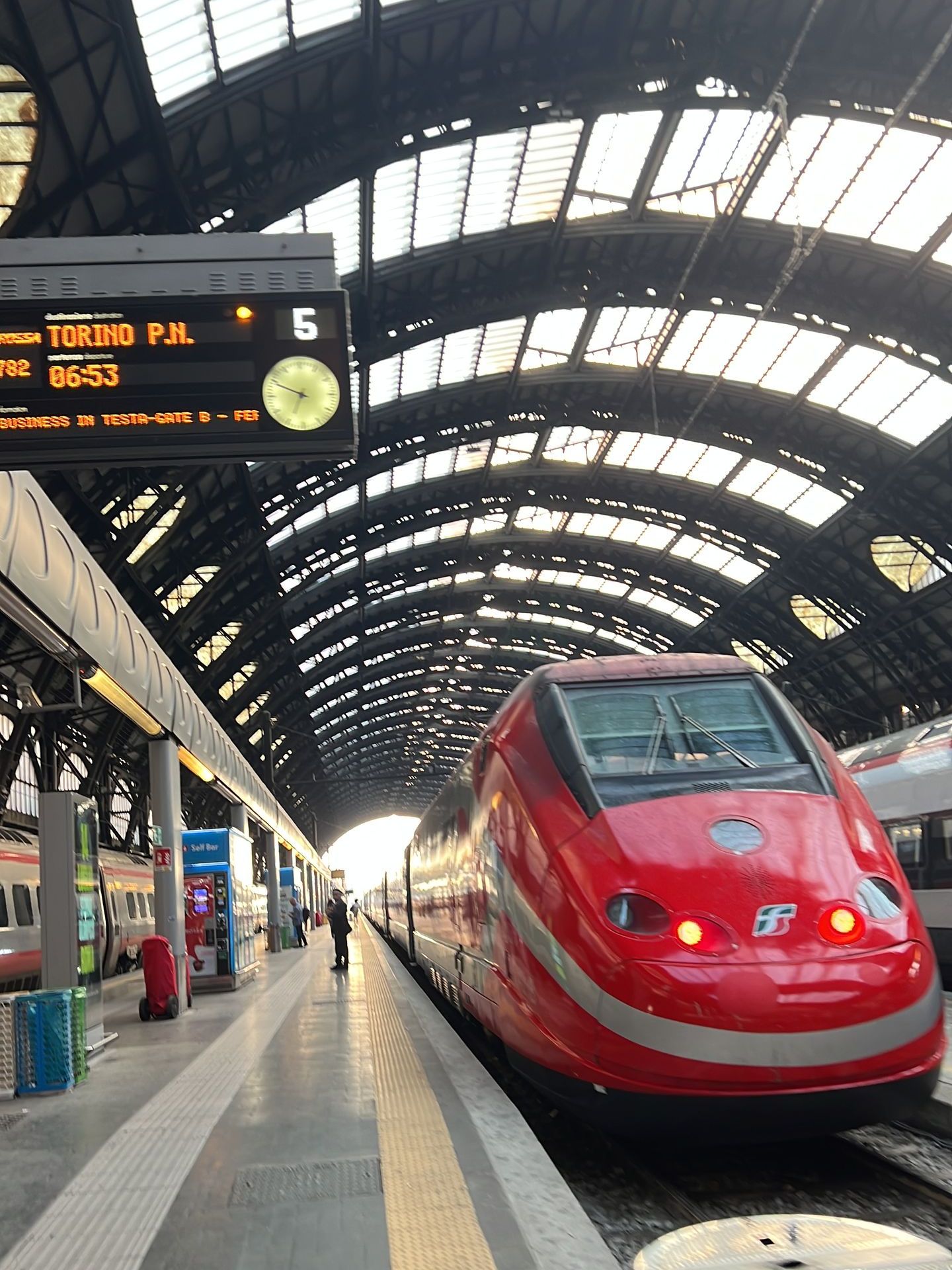 A Frecciarossa train at the platform at Milano Centrale early in the morning